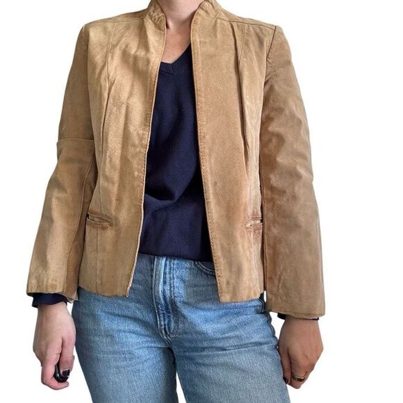 Vintage 90 Sears Yugoslavia Pig Suede Tan Camel Leather Jacket Size Medium Fall - Picture 1 of 8